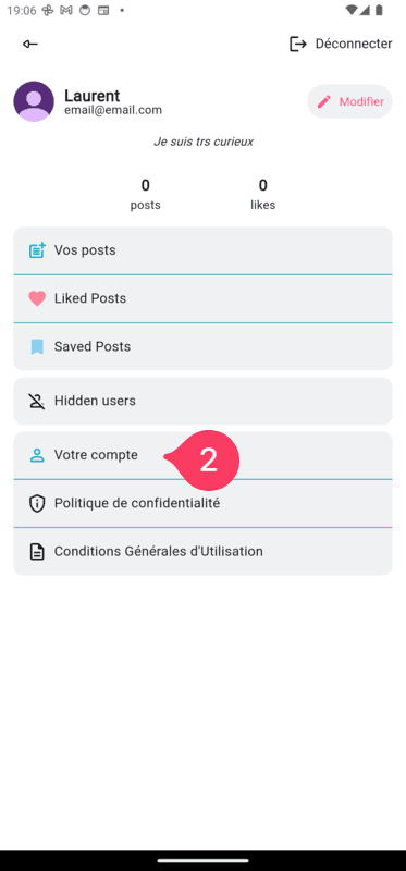 Menu profil avec l'option Votre compte