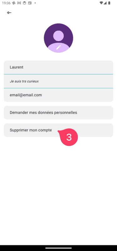 Page compte avec le bouton Supprimer mon compte